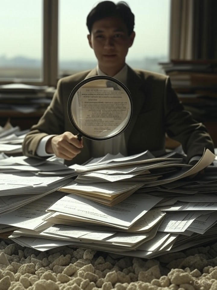 a person triumphantly holding a magnifying glass over a chaotic pile of documents, having successfully identified the key information amidst the clutter